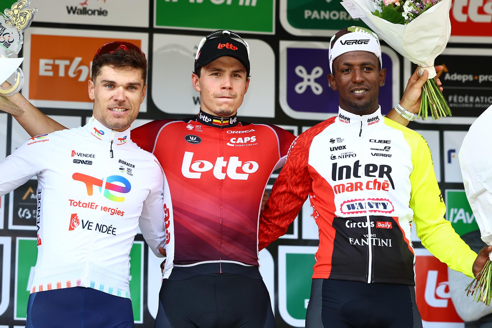 French Emilien Jeanniere of TotalEnergies, Belgian Arnaud De Lie of Lotto Cycling Team and Eritrean Biniam Girmay Hailu of Intermarche-Wanty pictured on the podium after the one day cycling race Grand Prix de Wallonie 2025 (187 km), in Namur, on Wednesday 17 September 2025.  BELGA PHOTO DAVID PINTENS