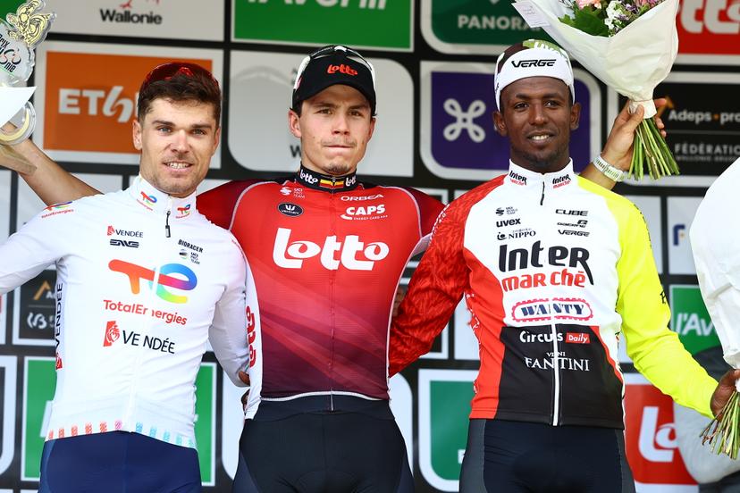 French Emilien Jeanniere of TotalEnergies, Belgian Arnaud De Lie of Lotto Cycling Team and Eritrean Biniam Girmay Hailu of Intermarche-Wanty pictured on the podium after the one day cycling race Grand Prix de Wallonie 2025 (187 km), in Namur, on Wednesday 17 September 2025.  BELGA PHOTO DAVID PINTENS