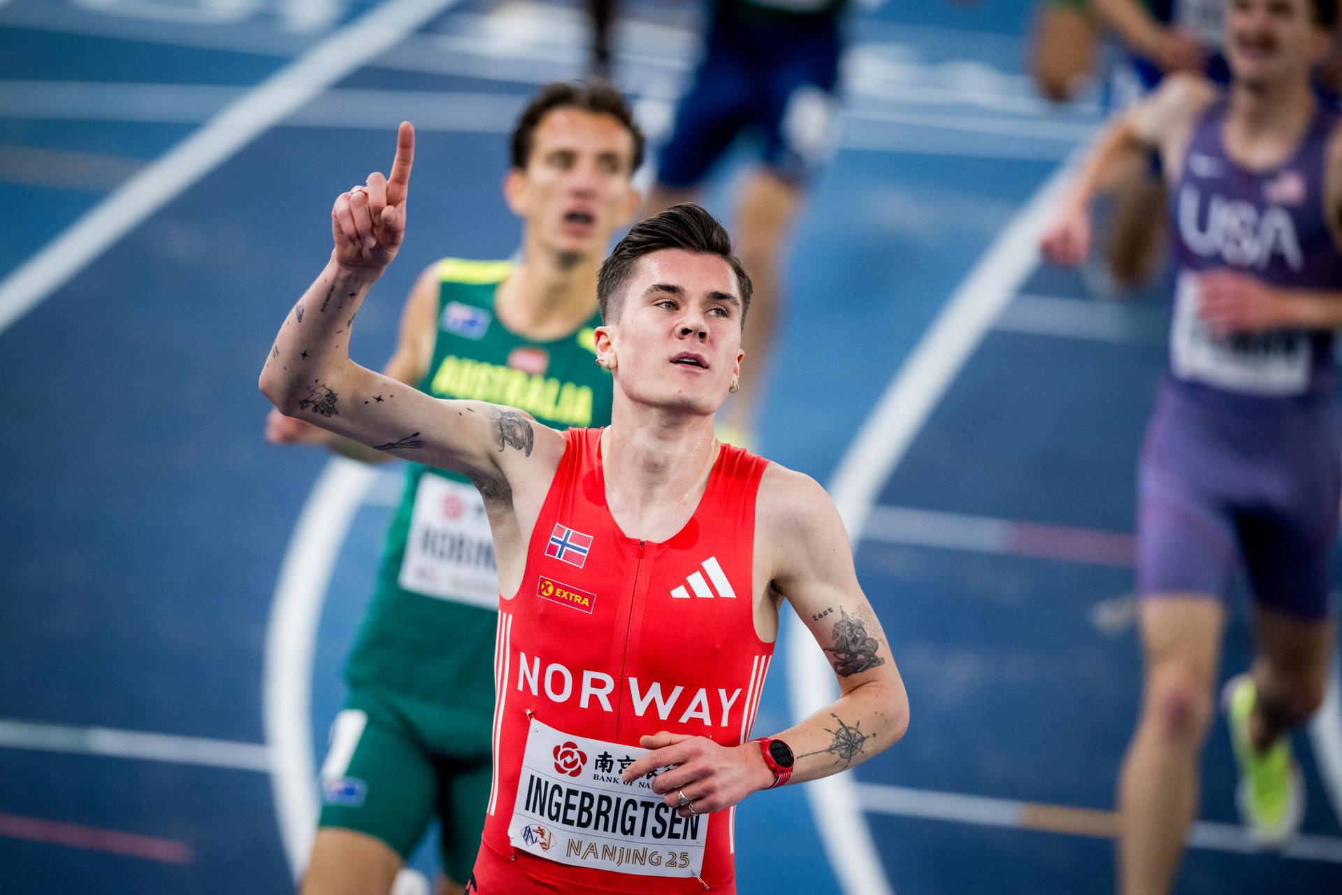 Norwegian Jakob Ingebrigtsen pictured in action during the men's 3000m steeple, at the World Athletics Indoor Championships, in Nanjing, China, Saturday 22 March 2025. The championships take place from 21 to 23 March. BELGA PHOTO JASPER JACOBS