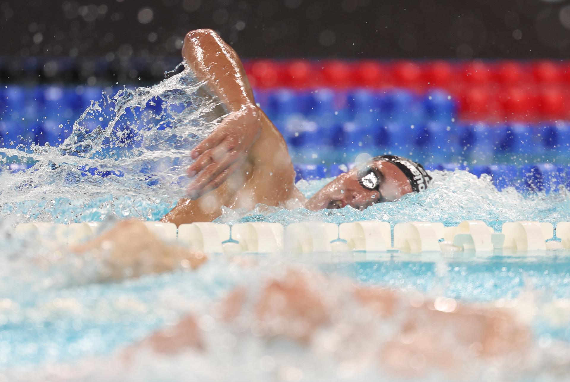 Belgian athlete Lucas Henveaux pictured in action during the final of the Men's 400 m freestyle race on the last day of  the European Aquatics Championships in Paris, France on Sunday 16 August 2026. BELGA PHOTO VIRGINIE LEFOUR