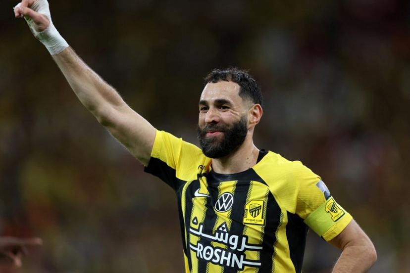 Ittihad's French forward #09 Karim Benzema reacts after scoring during the King's Cup final match between Ittihad FC and Qadsiah FC at the King Abdullah Sport City Stadium in Jeddah on May 30, 2025.  Abdel Ghani BASHIR / AFP