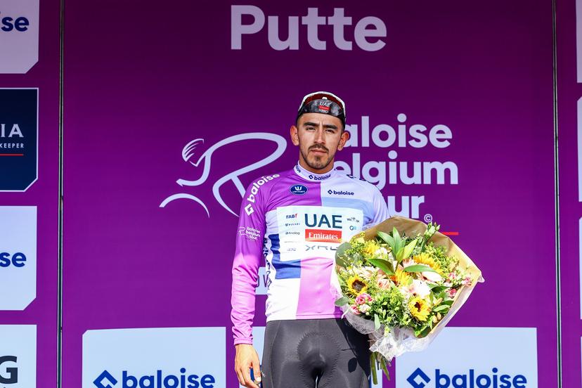 Colombian Juan Sebastian Molano of UAE Team Emirates pictured on the podium after the second stage of the Baloise Belgium Tour cycling race, 194,6 km from Beringen to Putte, Wednesday 18 June 2025. The Baloise Belgium Tour takes place from 18 to 22 June. BELGA PHOTO DAVID PINTENS