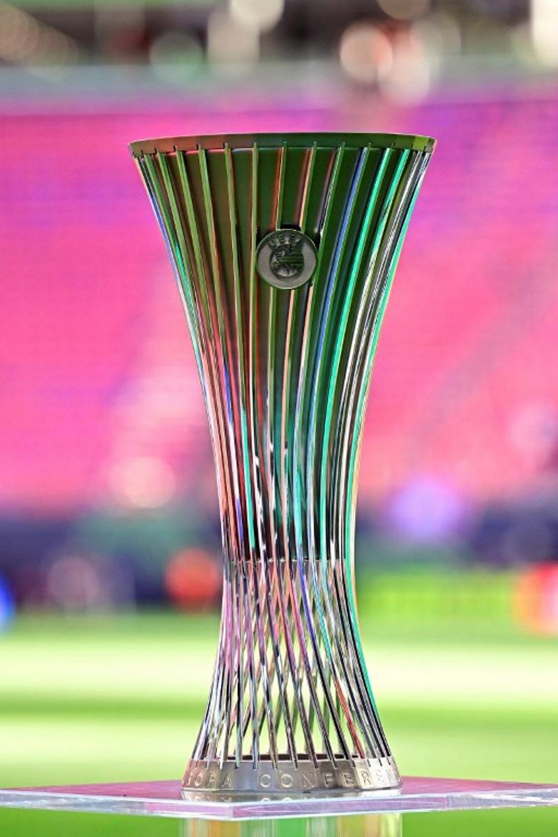 The Conference League trophy is displayed prior to the UEFA Conference League final football match between Crystal Palace FC and Rayo Vallecano de Madrid in Leipzig, eastern Germany, on May 27, 2026. Tobias SCHWARZ / AFP