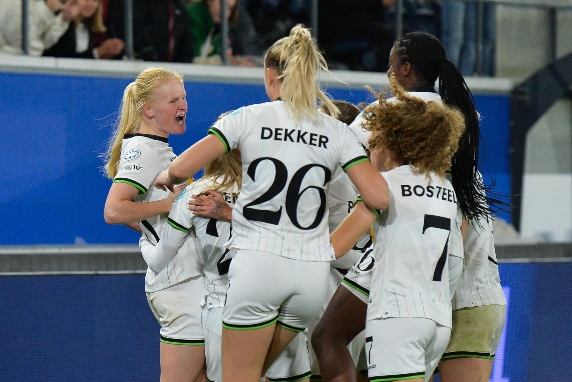 OHL Women's Linde Veefkind celebrates after scoring during a soccer match between Oud-Heverlee Leuven Women and Dutch FC Twente Vrouwen, Wednesday 15 October 2025 in Leuven, the second game in the league phase of the UEFA Women's Champions League competition. BELGA PHOTO JILL DELSAUX