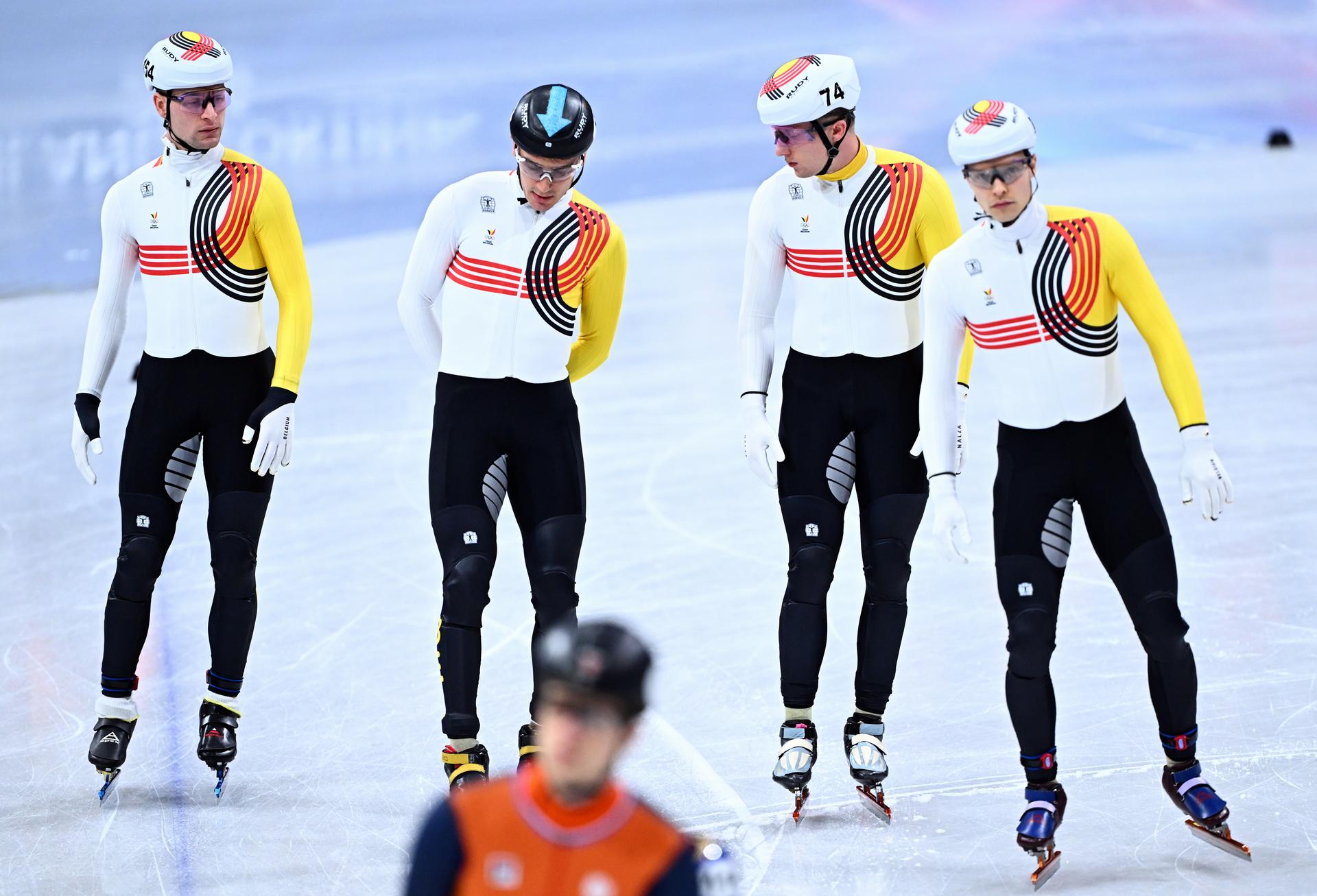 Belgian shorttrack skater Adriaan Dewagtere, Belgian shorttrack skater Ward Petre, Belgian shorttrack skater Warre Van Damme and Belgian shorttrack skater Stijn Desmet pictured before the semifinals of the men's 5000m Relay Short Track Speed Skating, at the Milano Cortina 2026 Olympic Winter Games, on Monday 16 February 2026 in Milan, Italy. The XXV Winter Olympics take place from 6 to 22 February 2026 in Italy. BELGA PHOTO JASPER JACOBS