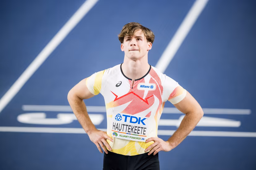 Belgian Jente Hauttekeete reacts after the 60m race of the men's Heptathlon competition, at the first day of the World Athletics Indoor Championship in Torun, Poland on Friday 20 March 2026. The championships take place from 20 to 22 March. BELGA PHOTO JASPER JACOBS