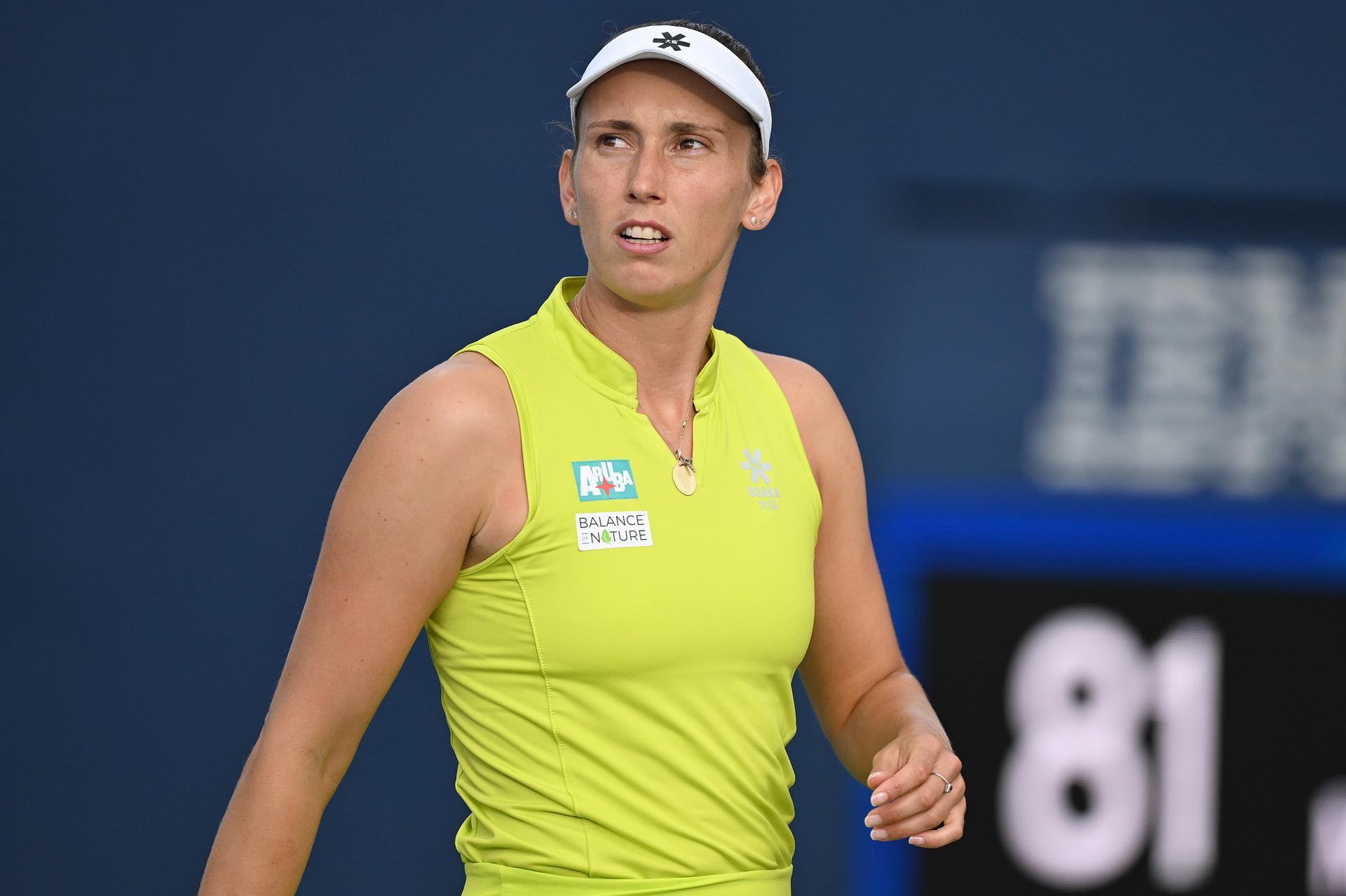 Belgian Elise Mertens pictured during a tennis match against New Zealand Sun, in the second round of the women's singles of the 2025 US Open Grand Slam tennis tournament in New York City, USA, Wednesday 27 August 2025. BELGA PHOTO TONY BEHAR