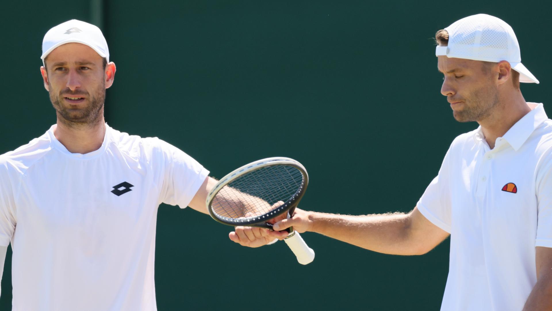Belgian Sander Gille and Dutch Sem Verbeek pictured at a first round game between Indian-Brazilian pair Balaji-Demoliner and Belgian-Dutch pair Gille-Verbeek in the Men's doubles at the Wimbledon grand slam tennis tournament in London, Britain, Thursday 02 July 2026. BELGA PHOTO BENOIT DOPPAGNE