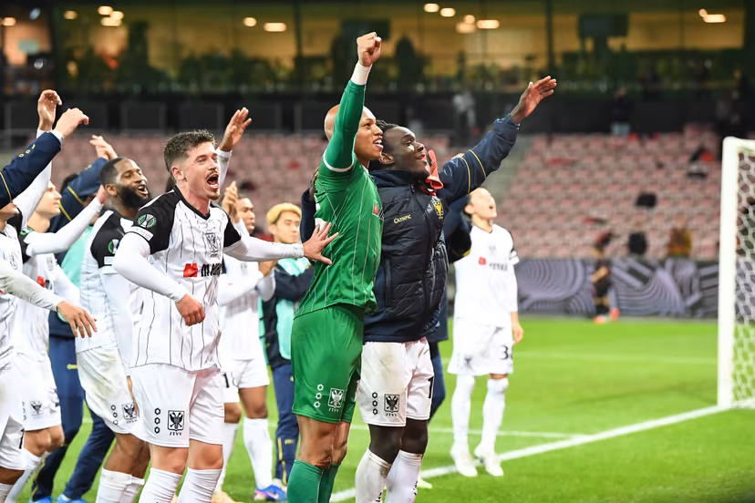 STVV's players celebrate after winning a soccer game between Danish FC Midtjylland and Belgian Sint-Truidense VV, Thursday 22 October 2026 in Herning, Denmark, on the second day of the UEFA Conference League league phase. BELGA PHOTO JILL DELSAUX