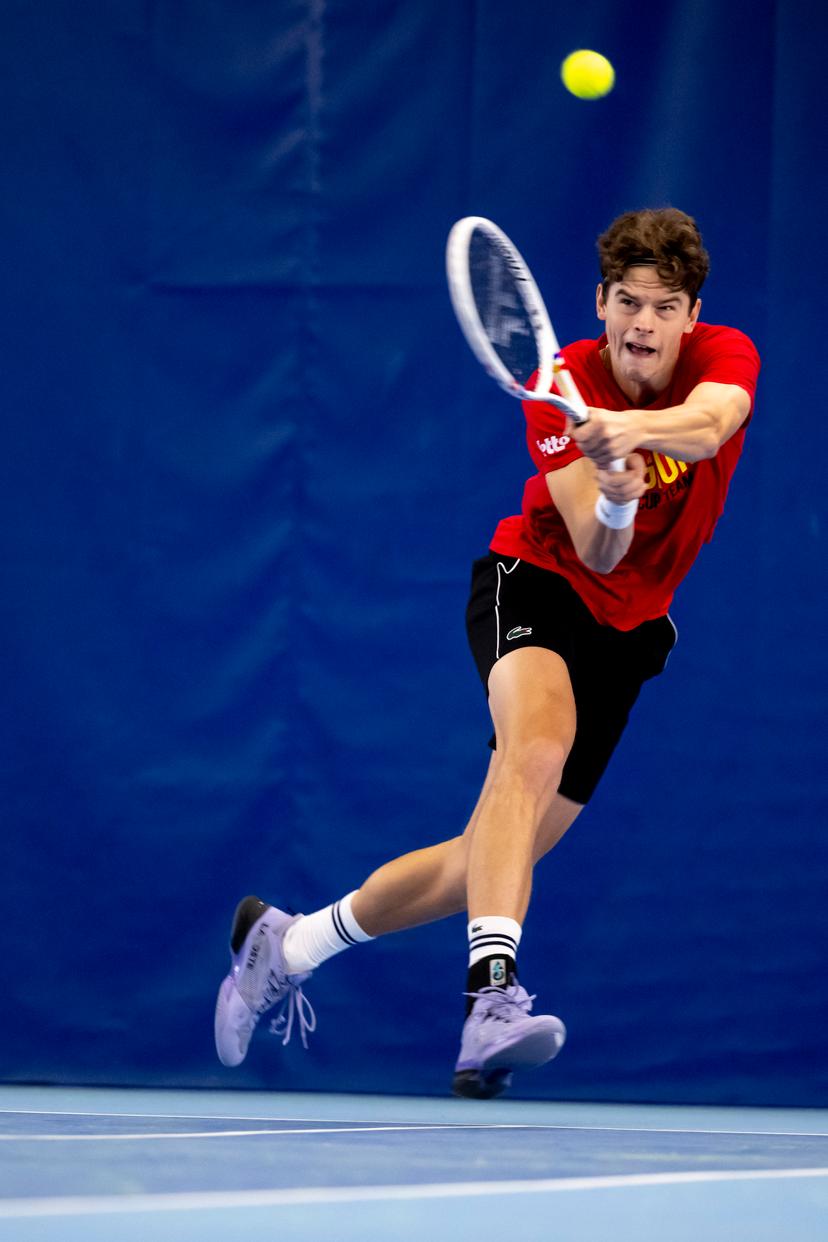Belgian Alexander Blockx pictured in action during an open training session of the Belgian Davis Cup team ahead of the Davis Cup Finals (November 18-23), in Wilrijk, on Wednesday 12 November 2025. BELGA PHOTO DIRK WAEM