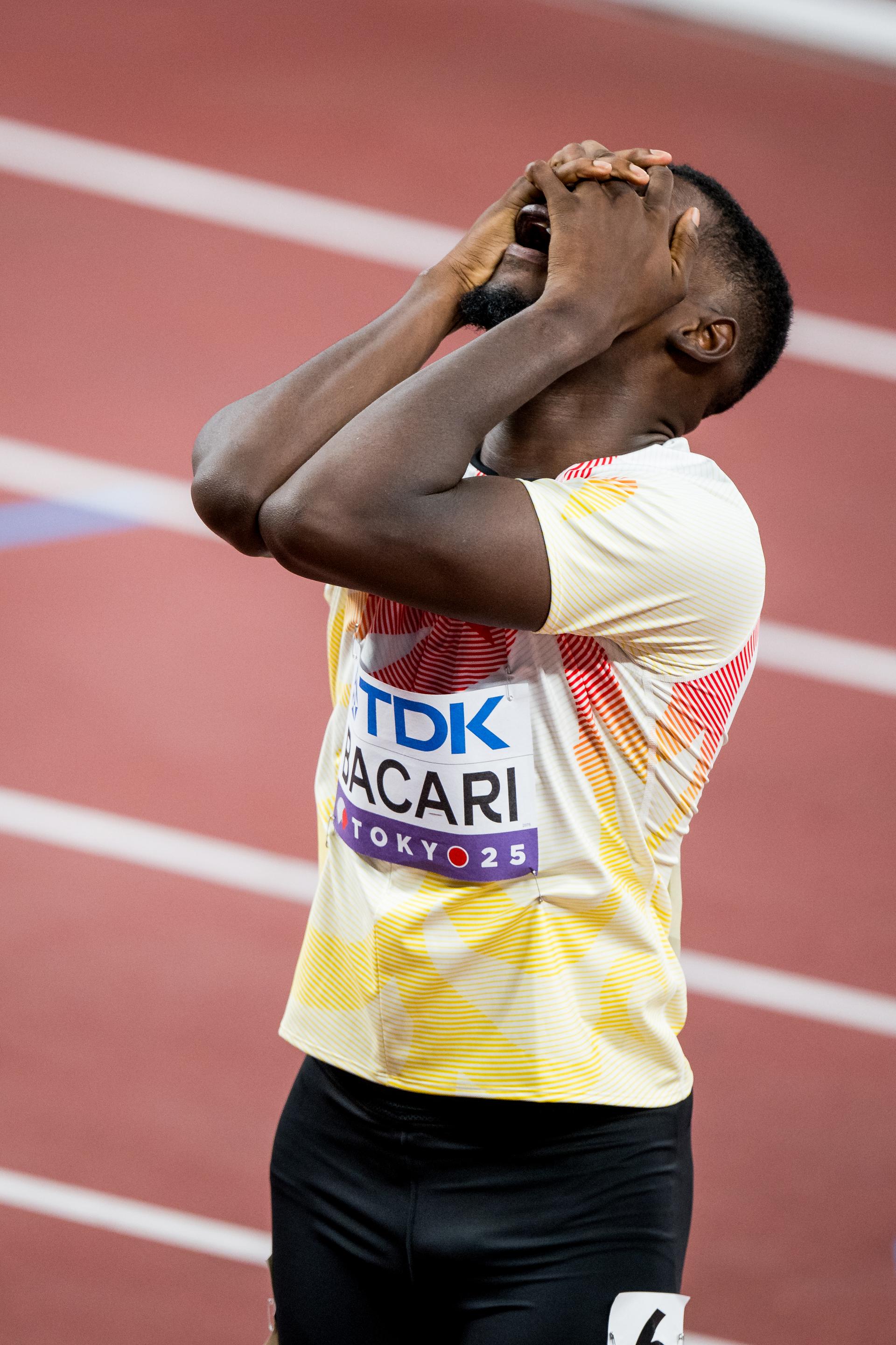 Belgian Elie Bacari looks dejected after the 110m Hurdles men, at the World Athletics Championships in Tokyo, Japan, on Monday 15 September 2025. The outdoor Worlds are taking place from 13 to 21 September. BELGA PHOTO JASPER JACOBS
