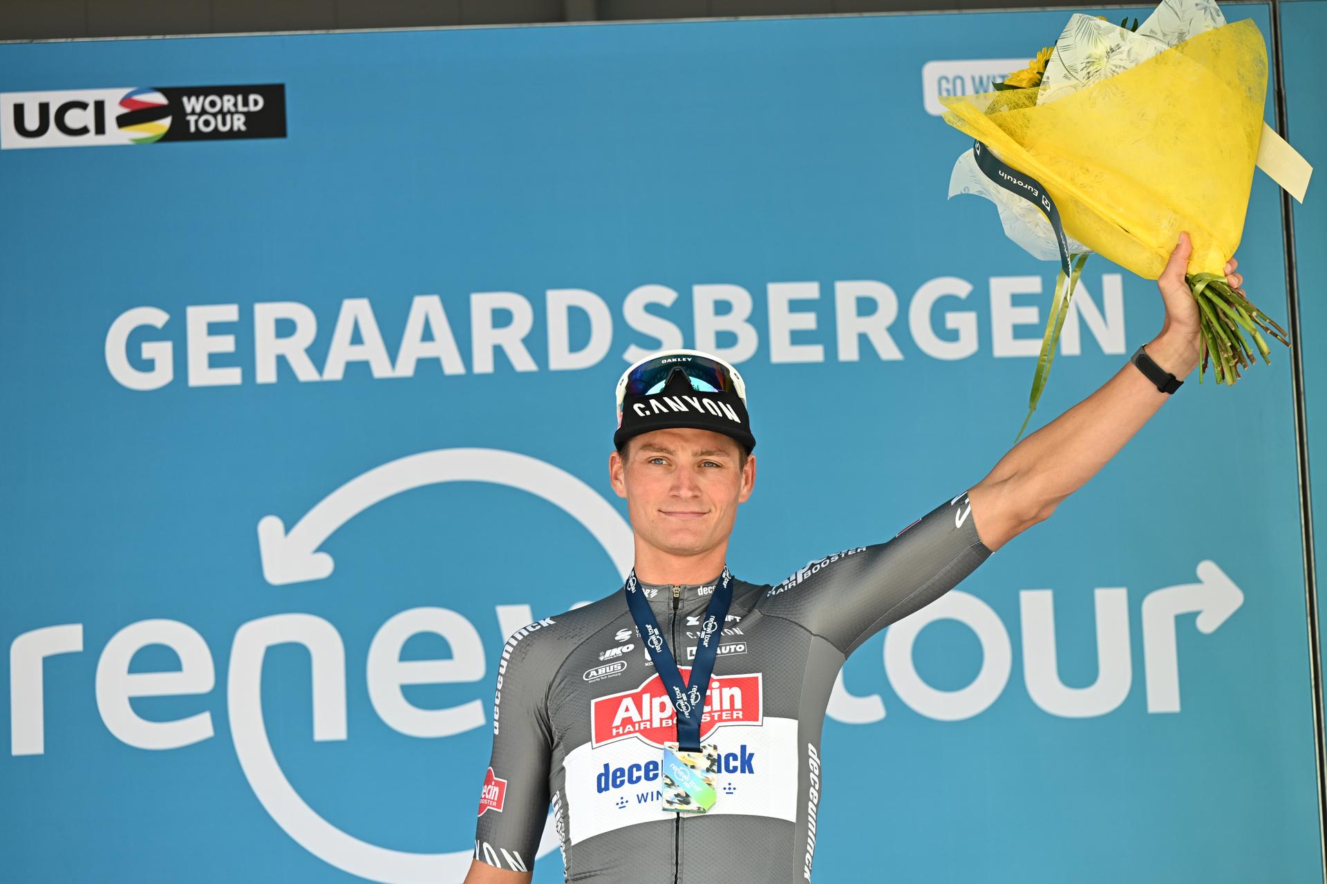 Dutch Mathieu van der Poel of Alpecin-Deceuninck celebrates on the podium after winning the third stage of the 'Renewi Tour' multi-stage cycling race, from Aalter to Geraardsbergen (179,9 km) on Friday 22 August 2025. The five-day race takes place in Belgium and the Netherlands. BELGA PHOTO DAVID PINTENS