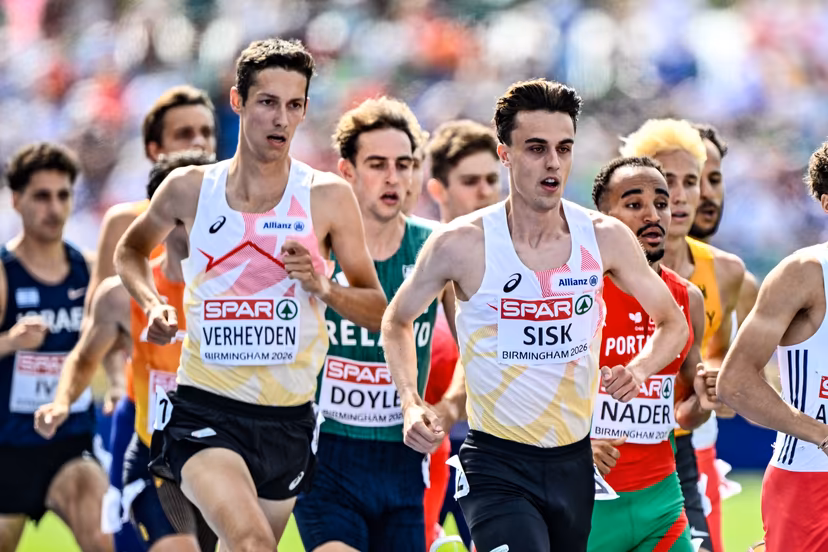 Belgian Ruben Verheyden and Belgian Pieter Sisk pictured in action during the 1500m race on the fifth day of the European Athletics Championships (August 10-18) in Birmingham, United Kingdom, on Friday 14 August 2026. BELGA PHOTO ERIC LALMAND