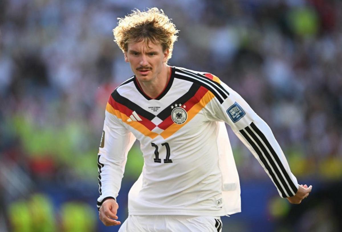 Germany's forward #11 Nick Woltemade reacts during the 2026 World Cup round of 32 football match between Germany and Paraguay at the Boston Stadium in Foxborough on June 29, 2026. MAURO PIMENTEL / AFP