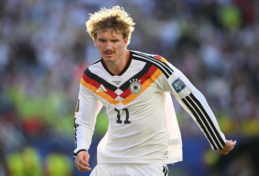 Germany's forward #11 Nick Woltemade reacts during the 2026 World Cup round of 32 football match between Germany and Paraguay at the Boston Stadium in Foxborough on June 29, 2026. MAURO PIMENTEL / AFP