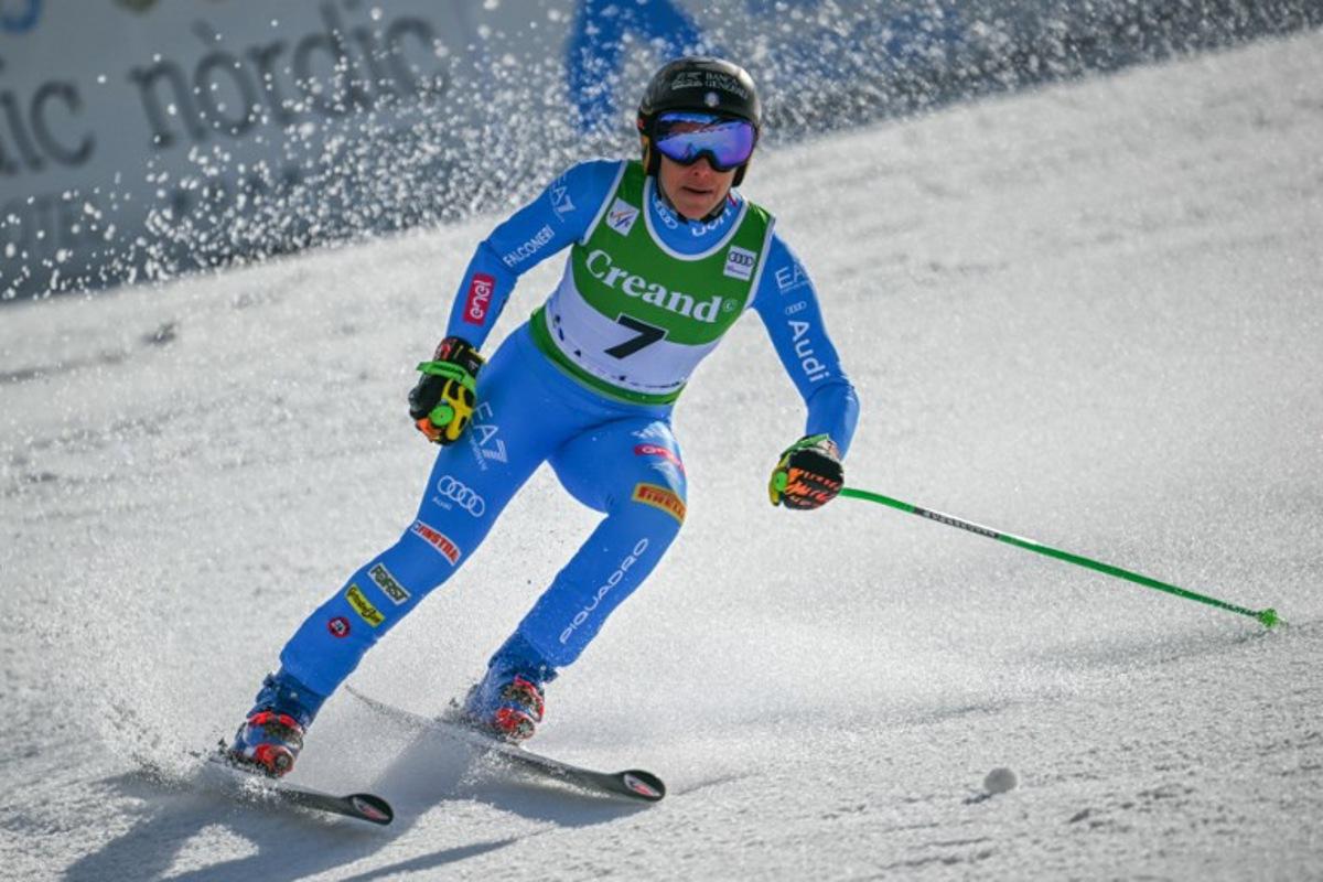 Italy's Federica Brignone reacts after crossing the finish line of the women's super G race, part of the FIS Alpine Ski World Cup 2025-2026 in Soldeu on March 1, 2026. Lionel BONAVENTURE / AFP