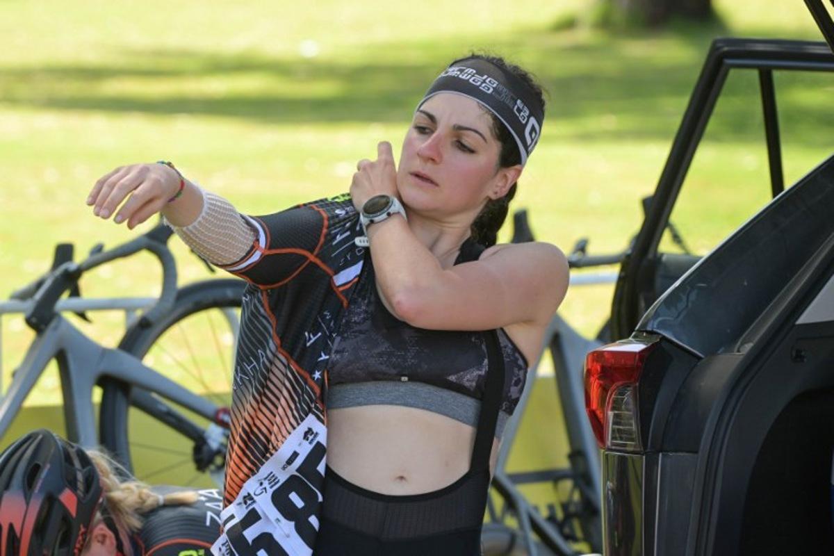 Italian rider Debora Silvestri from Zaaf Cycling Team prepares for stage two of the Women's Tour Down Under UCI cycling event in Adelaide on January 16, 2023. Brenton EDWARDS / AFP