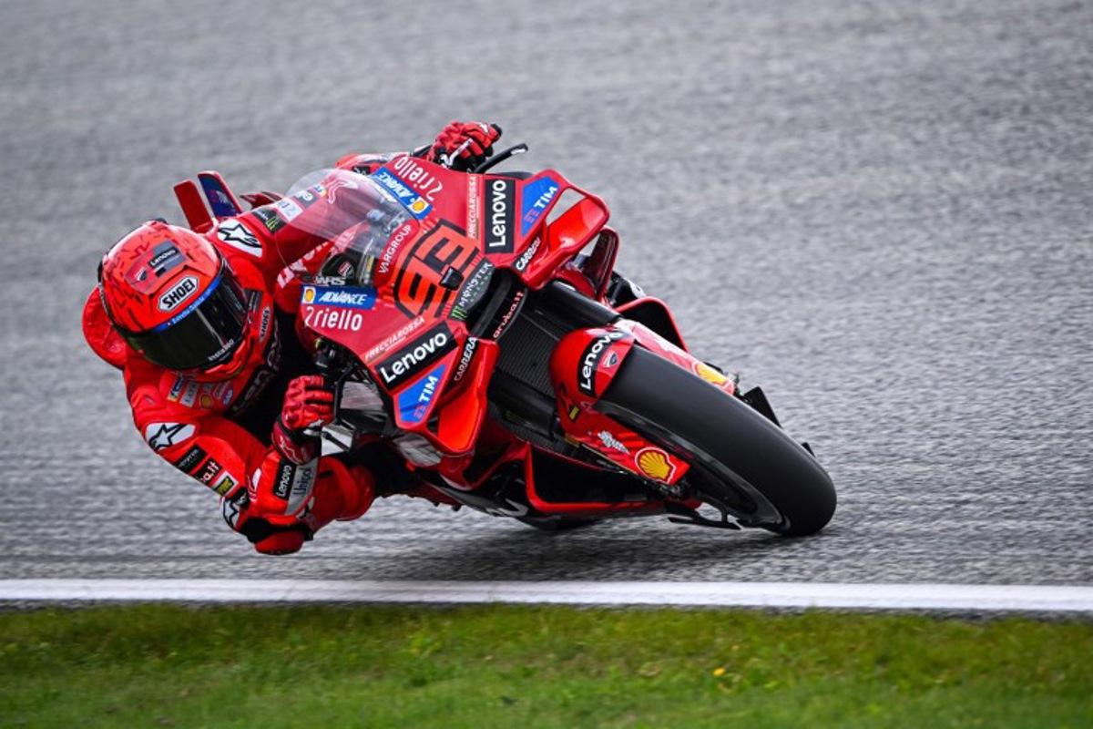 Ducati Lenovo team's Spanish rider Marc Marquez drives the warm up session, ahead of the Austrian MotoGP Grand Prix at the Red Bull Ring race track in Spielberg, Austria, on August 17, 2025. Jure Makovec / AFP