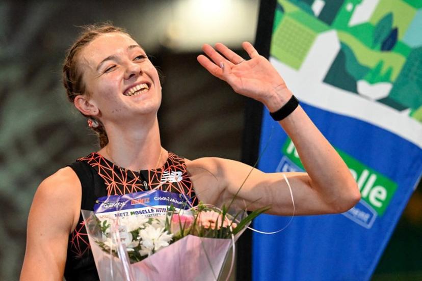 Netherlands' athlete Femke Bol celebrates after winning the women's 800m final during the Athlelor indoor meeting at L'Anneau athletics hall in Metz on February 8, 2026. On October 10, 2025, Femke Bol announced her retirement from the 400-meter hurdles, the event in which she is a two-time world champion. The 25-year-old athlete then announced her intention to focus on the 800 meters. Jean-Christophe VERHAEGEN / AFP