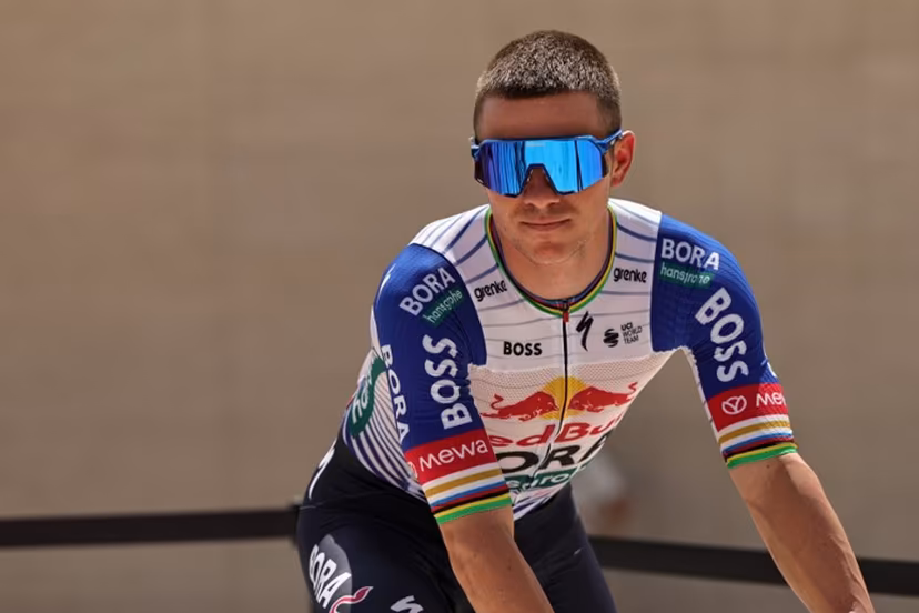 Red Bull-Bora-Hansgrohe's Belgian rider Remco Evenepoel looks on before the sixth stage of the UAE Tour cycling event from al-Ain Museum to Jebel Hafeet in Abu Dhabi on February 21, 2026. Fadel SENNA / AFP