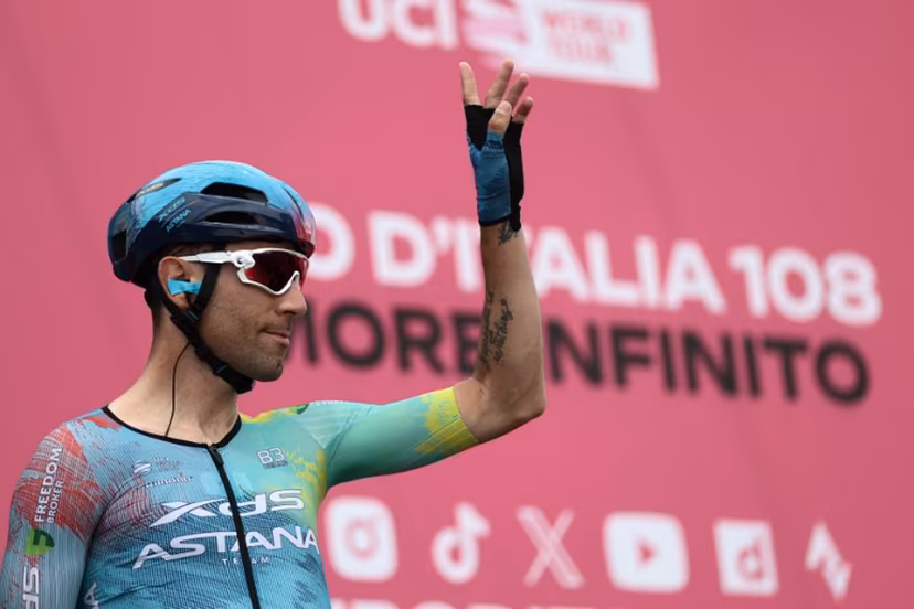 XDS Astana Team's Italian rider Diego Ulissi waves hand during the presentation prior to the first stage of the 108th Giro d'Italia cycling race, 160km from Durres to Tirana in Albania, on May 9, 2025. Luca Bettini / AFP