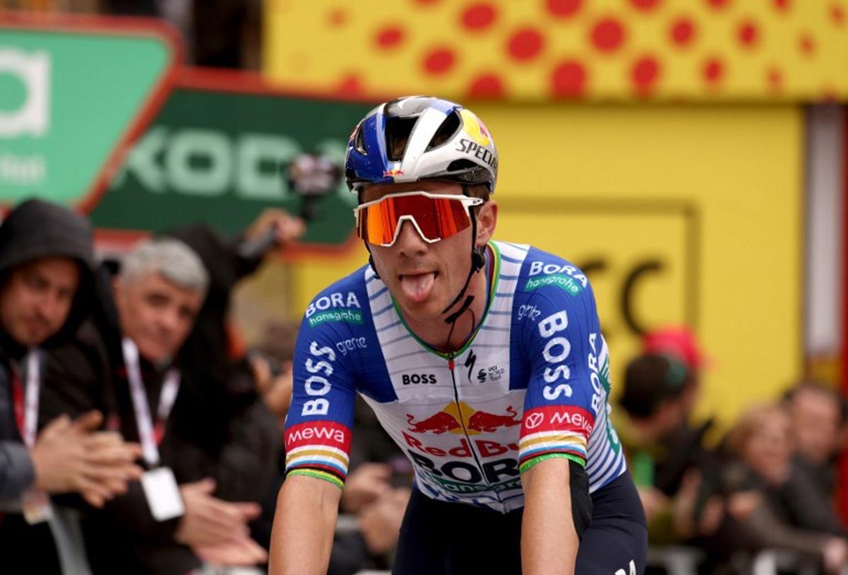 Team Bora's Belgian rider Remco Evenepoel crosses the finish line of the sixth stage of the 2026 'Volta a Catalunya' cycling tour of Catalonia, a 158 km race between Berga and the Sanctuary of La Mare de Deu de Queralt in Berga, on March 28, 2026. Josep LAGO / AFP