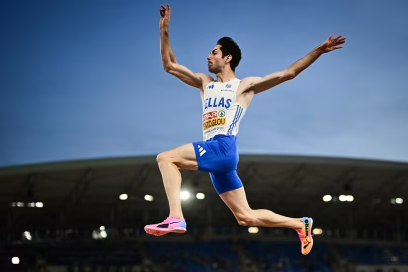 Greece's Miltiadis Tentoglou competes in the men's long jump final during the European Athletics Championships at Alexander Stadium in Birmingham on August 11, 2026. Ben STANSALL / AFP