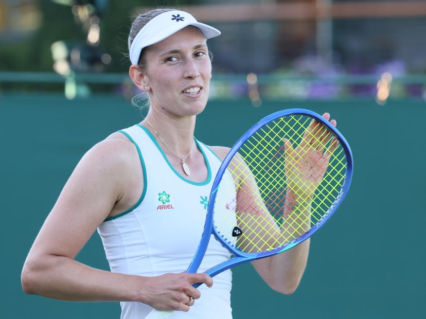 Belgian Elise Mertens reacts during a tennis match against Uzbek Timofeeva, in the second round of the ladies' singles at the Wimbledon grand slam tennis tournament in London, Britain, Thursday 02 July 2026. BELGA PHOTO BENOIT DOPPAGNE