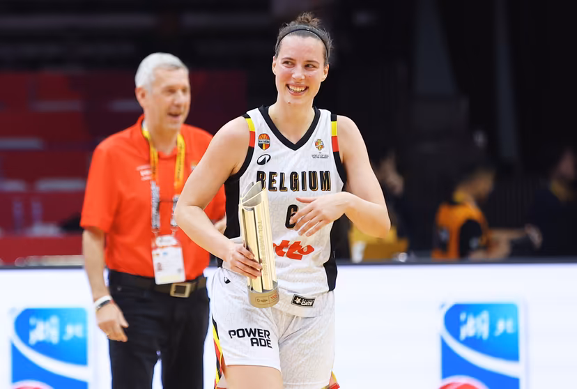 Belgium's Antonia Delaere celebrates after winning a basket game between China and Belgium's national team Belgian Cats, in Wuhan, China, on Thursday 12 March 2026, the second game (out of 5) of the qualifications phase for the World Cup Basket tournament. BELGA PHOTO NIKOLA KRSTIC