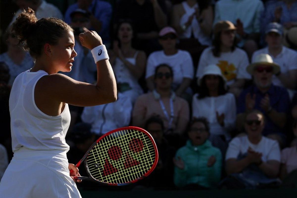 Italy's Jasmine Paolini reacts as she plays against Russia's Kamilla Rakhimova during their women's singles second round tennis match on the third day of the 2025 Wimbledon Championships at The All England Lawn Tennis and Croquet Club in Wimbledon, southwest London, on July 2, 2025. Adrian Dennis / AFP