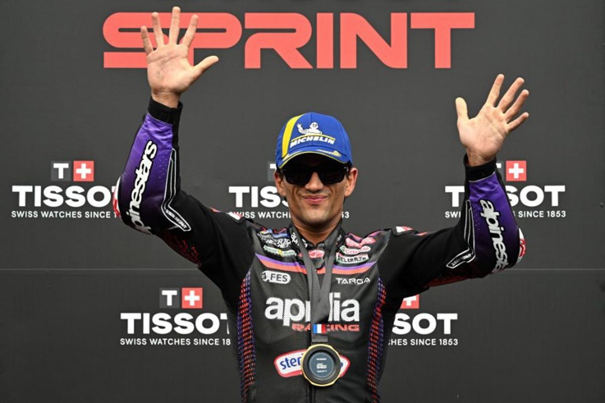 Aprilia Racing's Spanish rider Jorge Martin celebrates on the podium after winning the Moto GP Grand Prix of France Sprint race at Le Mans, northwestern France, on May 9, 2026. Loic VENANCE / AFP