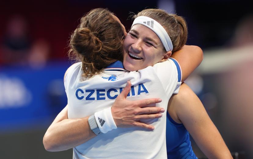 Czech Karolina Muchova and Barbora Strycova celebrate after winning the tennis match between Jessica Bouzas Maneiro of Spain and Karolína Muchová of Czech Republic in the Semi Finals of the Billie King Cup tournament, on Friday 25 September 2026 in Shenzhen, China. BELGA PHOTO VIRGINIE LEFOUR