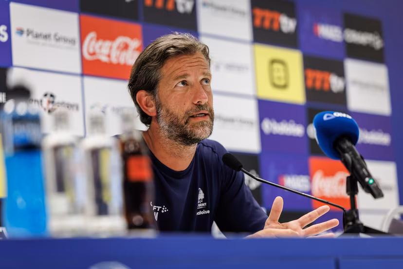 Gent's head coach Rik De Mil pictured during a press conference of Belgian KAA Gent, Wednesday 29 July 2026 in Gent, in preparations of the second leg of the second qualifying round for the UEFA Conference League against Ukrainian LNZ Cherkasy. BELGA PHOTO KURT DESPLENTER