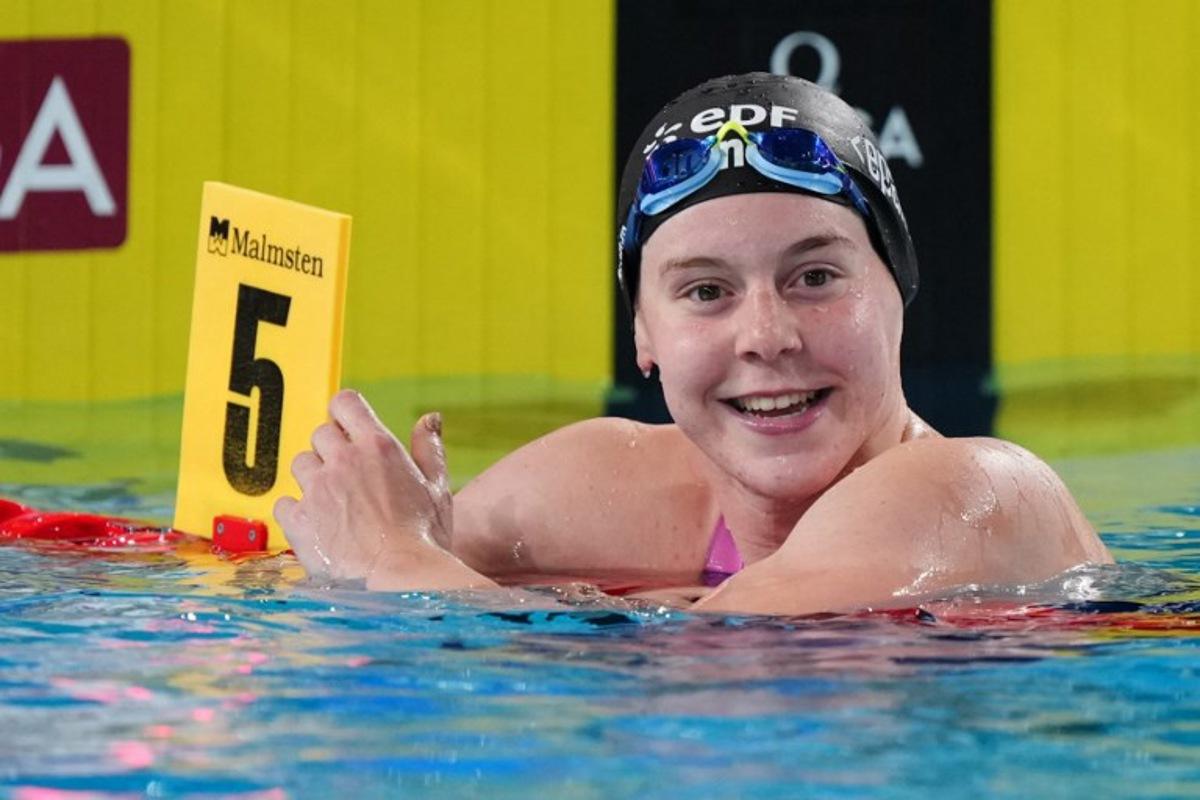 Belgium's Roos Vanotterdijk reacts after winning a semi-final of the women's 100m butterfly swimming event during the LEN European Aquatics Championships at the Olympic Aquatic Centre in Saint-Denis, northern suburbs of Paris, on August 13, 2026. Dimitar DILKOFF / AFP