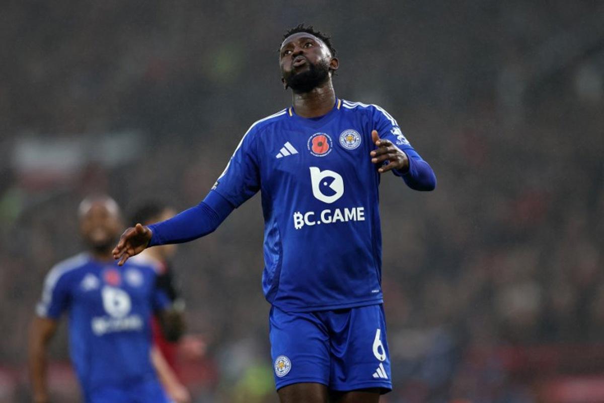 Leicester City's Nigerian midfielder #06 Wilfred Ndidi reacts after a missed goal opportunity during the English Premier League football match between Manchester United and Leicester City at Old Trafford in Manchester, north west England, on November 10, 2024. Darren Staples / AFP
