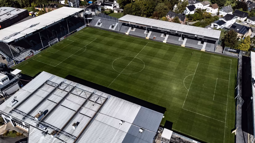Drone illustration picture of the Kehrweg stadium ahead of the 2025-2026 season second photoshoot of Belgian soccer team KAS Eupen, Wednesday 10 September 2025 in Eupen. BELGA PHOTO BRUNO FAHY