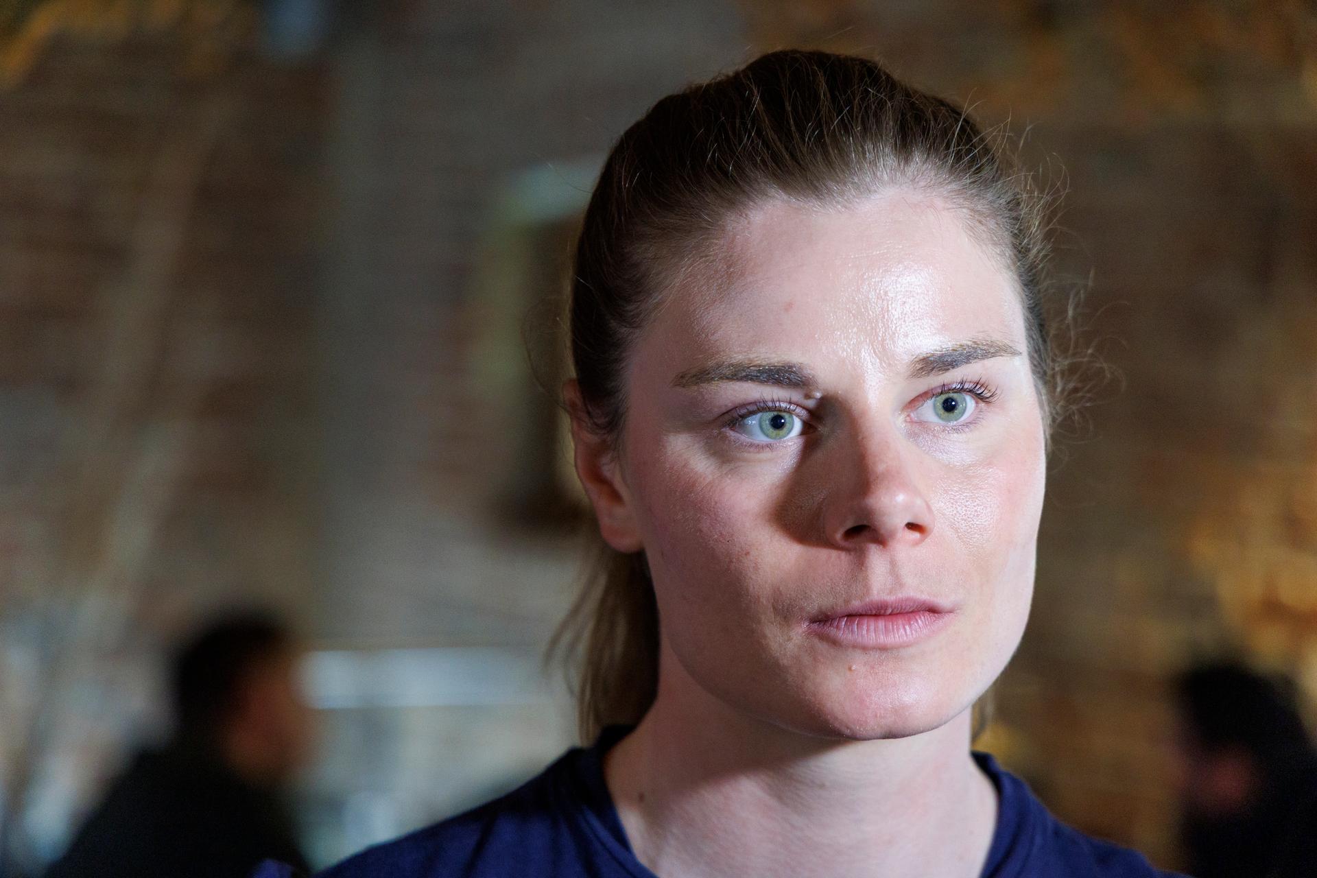 Belgian Lotte Kopecky of SD Worx-Protime pictured during a press conference of the SD Worx-Protime cycling team ahead of the Ronde van Vlaanderen / Tour des Flandres / Tour of Flanders cycling race, Thursday 03 April 2025 in Aalst. The 109th edition of the cycling race will take place on Sunday 06 April. BELGA PHOTO NICOLAS MAETERLINCK