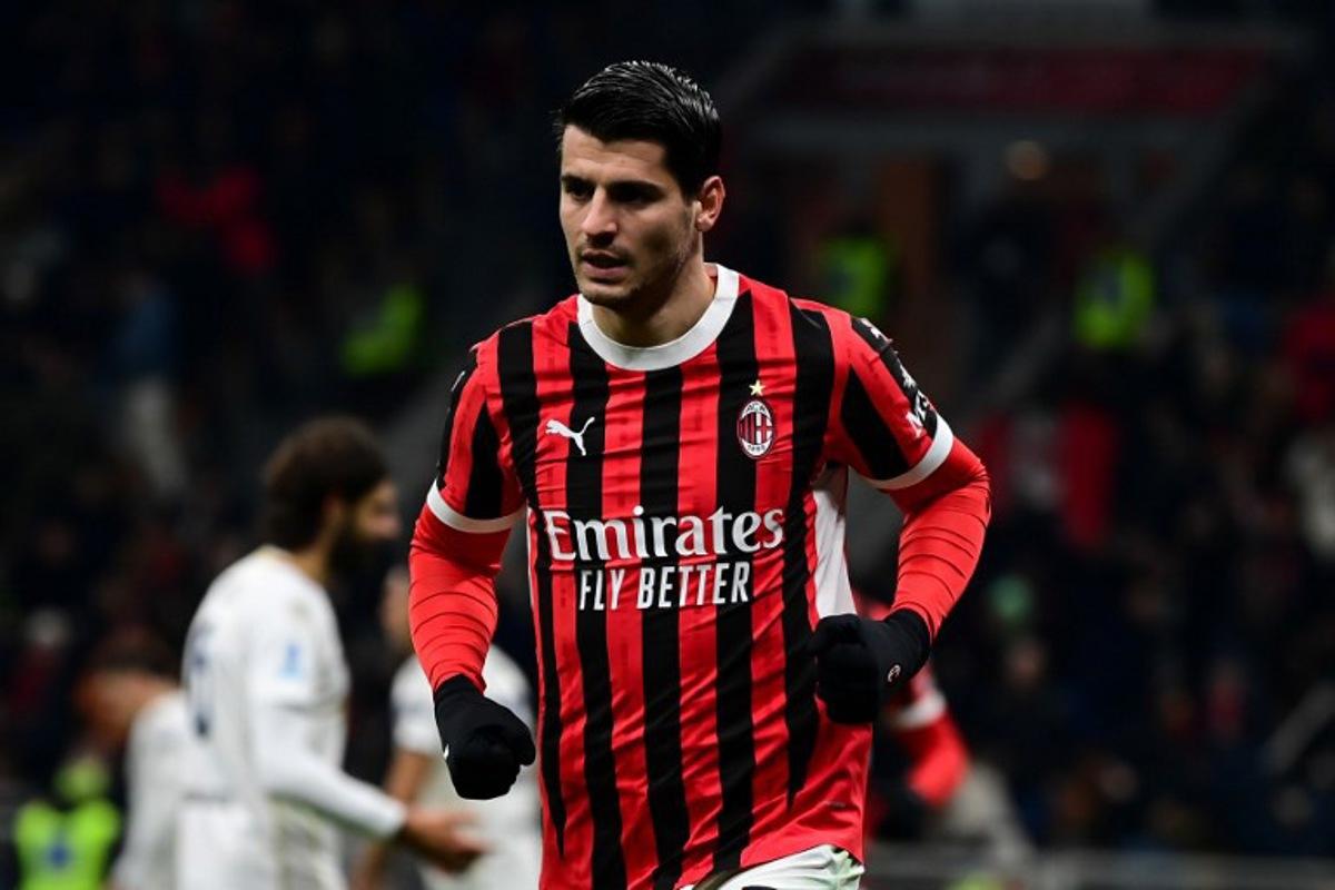 AC Milan's Spanish forward #07 Alvaro Morata celebrates after scoring his team first goal during the Italian Serie A football match between AC Milan and Cagliari at the San Siro Stadium in Milan, Italy on January 11, 2025. Piero CRUCIATTI / AFP