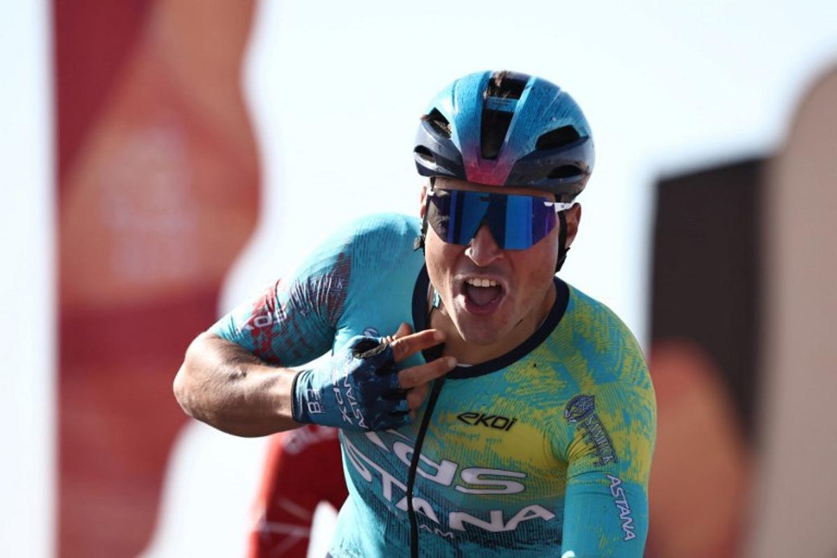 XDS Astana Team Italian Matteo Malucelli celebrates as he crosses the finish ligne to winn the fourth stage of the AlUla Tour cycling race, 173,4 km from Winter Park to Hegra on January 30, 2026. Anne-Christine POUJOULAT / AFP