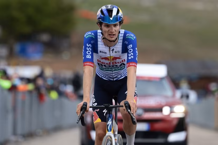 Red Bull - BORA - hansgrohe Italian rider Giulio Pellizzari crosses the finish line of the 7th stage of the Giro d'Italia 2026 - Tour of Italy cycling race between Formia and Blockhaus, Italy, on May 15, 2026. Luca Bettini / AFP