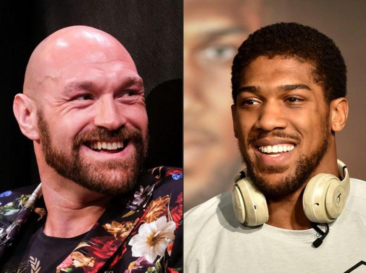 (COMBO) This combination of pictures created on December 14, 2020 shows Boxer Tyson Fury (L) during a press conference in Los Angeles, California on January 25, 2020, and British heavyweight boxer Anthony Joshua during a press conference in Ad Diriyah, a Unesco-listed heritage site, outside Riyadh, on December 4, 2019. Anthony Joshua's promoter Eddie Hearn says a deal for his man to fight Tyson Fury in an all-British world heavyweight unification bout in 2021 could take as little as two days to complete. Plans for a Battle of Britain have accelerated after Joshua, 31, stopped Bulgarian veteran Kubrat Pulev in the ninth round at Wembley Arena on December 12 to retain all three of his belts. FAYEZ NURELDINE, RINGO CHIU / AFP