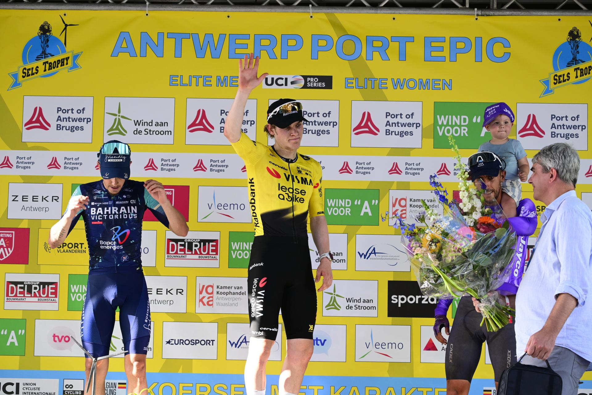 Norwegian Per Strand Hagenes of Team Visma-Lease a Bike, Spanish Pau Miquel Delgado of Bahrain Victorious and Belgian Dries De Bondt of Team Jayco-AIUIa pictured on the podium after the 'Antwerp Port Epic men's elite one day cycling race, 196,4 km in and around Antwerp, Monday 25 May 2026. BELGA PHOTO TOM GOYVAERTS