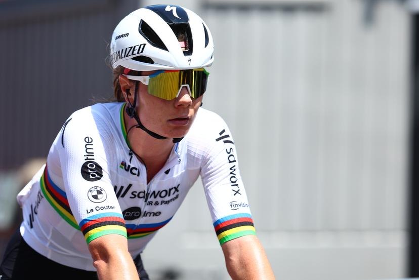 Belgian Lotte Kopecky of SD Worx-Protime crosses the finish line of the women's elite road race of the Belgian Cycling Championships, 132,8 km from and to the Grand Place square in Binche on Sunday 29 June 2025. BELGA PHOTO DAVID PINTENS