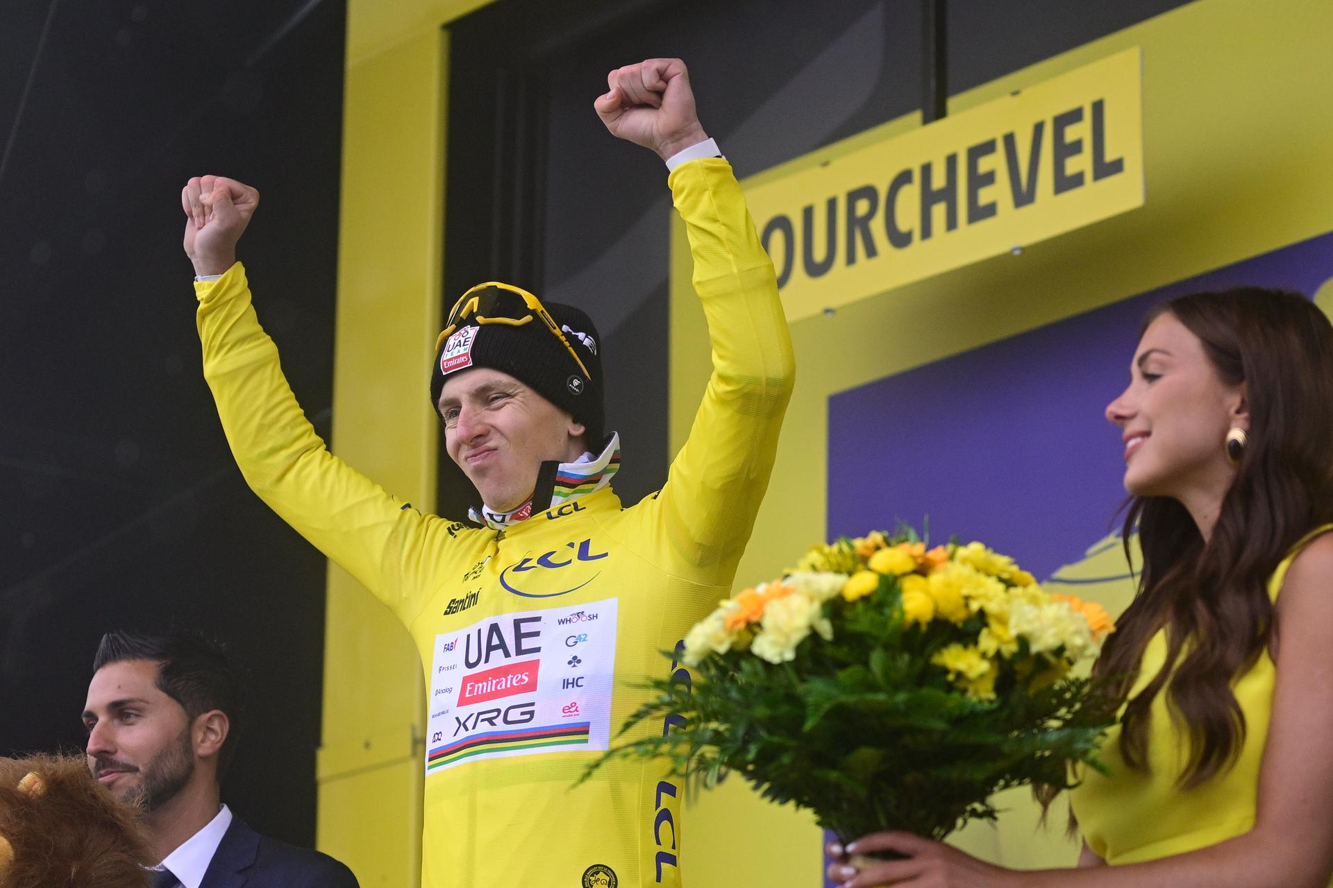 Slovenian Tadej Pogacar of UAE Team Emirates pictured on the podium after stage 18 of the 2025 Tour de France cycling race, from Vif to Courchevel Col de la Loze, on Thursday 24 July 2025 in France. The 112th edition of the Tour de France starts on Saturday 5 July in Lille, France, and will finish in Paris, France on the 27th of July. BELGA PHOTO DIRK WAEM