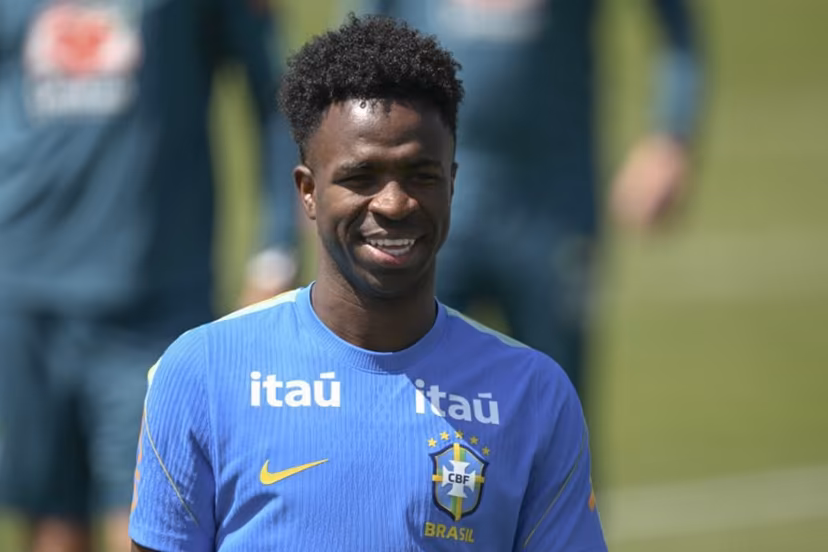 Brazil's forward Vinicius Junior smiles on during a training session as part of the team's preparation for its FIFA World Cup football tournament opening match against Morocco at Columbia Park Training Facility in Morristown, New Jersey on June 9, 2026. MAURO PIMENTEL / AFP