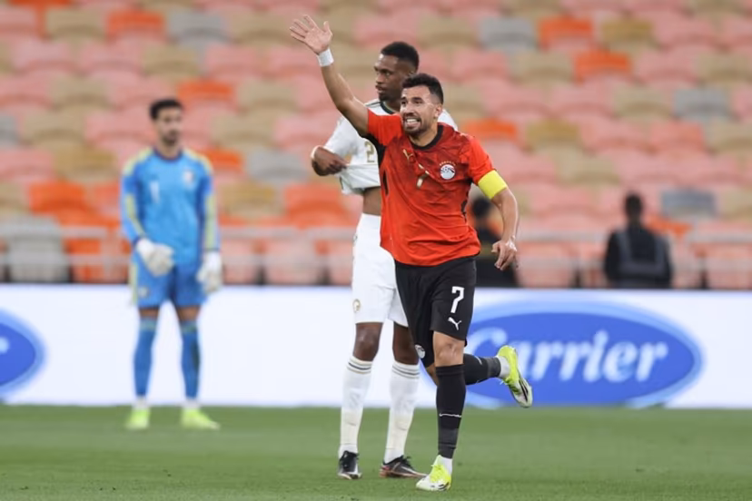 Egypt's forward #7 Mahmoud Trezeguet celebrates after scoring his team's second goal during the friendly football match between Saudi Arabia and Egypt at King Abdullah Sports City in Jeddah on March 27, 2026. AFP