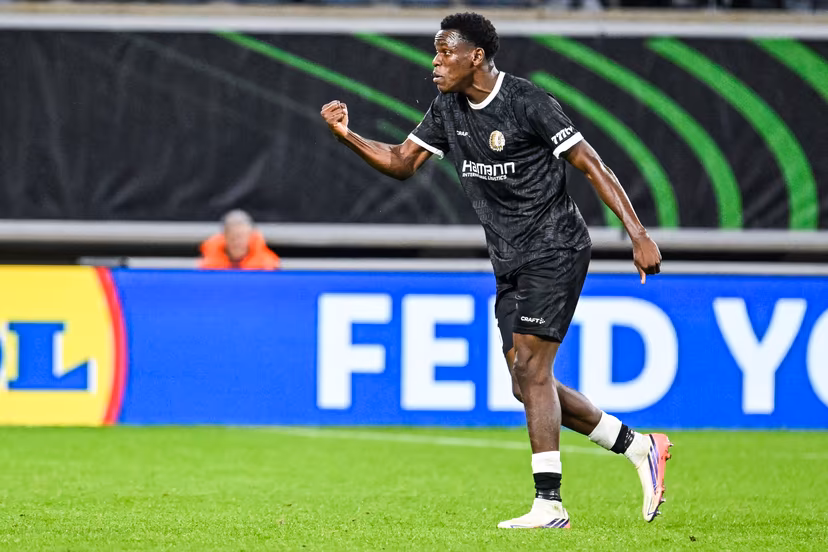 Gent's Hyllarion Goore celebrates after scoring during a soccer game between Belgian KAA Gent and Danish Aarhus GF, Thursday 15 October 2026 in Gent, the opening match of the UEFA Conference League league phase. BELGA PHOTO TOM GOYVAERTS