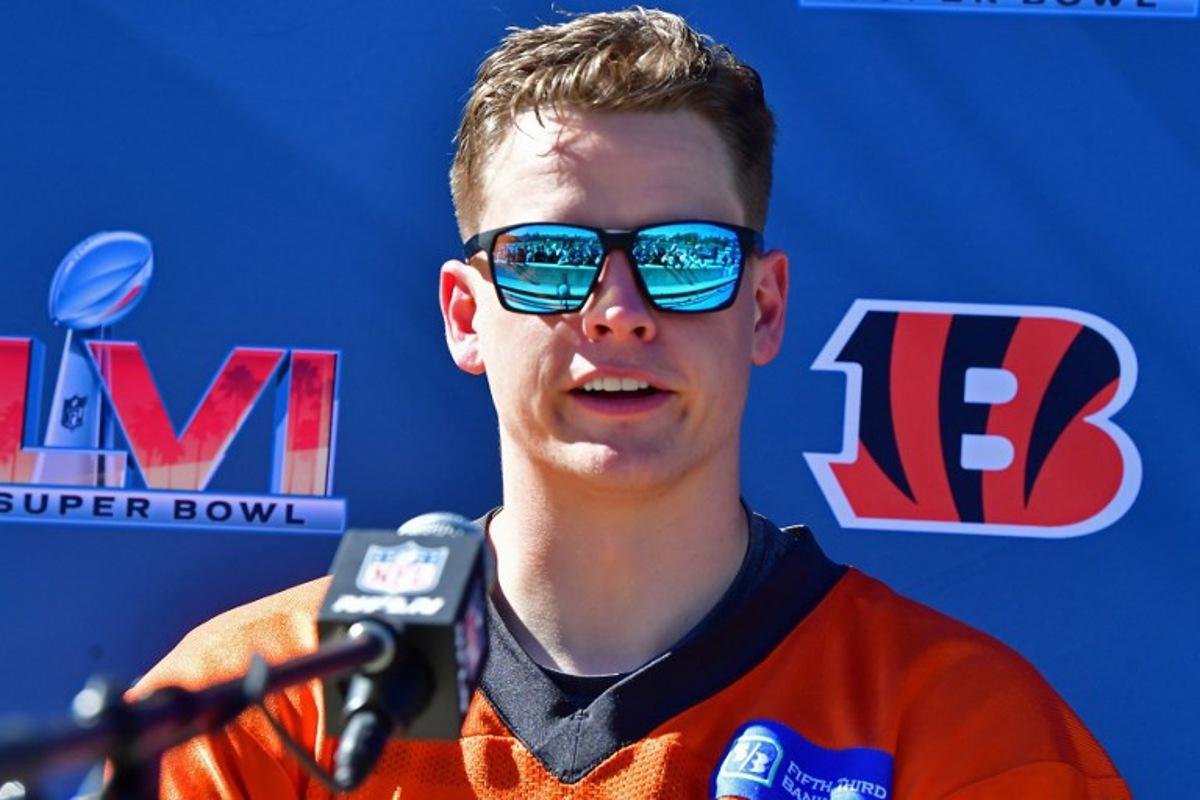 Cincinnati Bengals' quarterback Joe Burrow speaks during a media availabilty at UCLA ahead of Super Bowl LVI against the Los Angeles Rams in Los Angeles, California on February 11, 2022. Frederic J. Brown / AFP