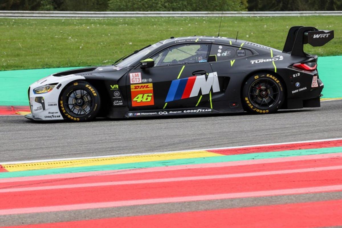 Team WRT drives their BMW car N° 46, droven by Ahmad Al Harthy, Valentino Rossi and Maxime Martin, during the FIA World Endurance Championship 2024 6 hour race of Spa-Francorchamps in Francorchamps, on May 10, 2024. François WALSCHAERTS / AFP