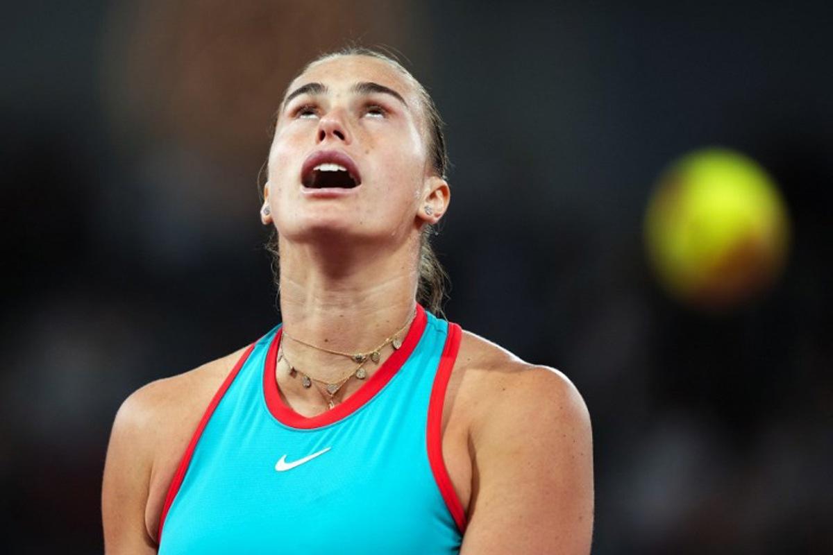 Belarus' Aryna Sabalenka reacts during her women's singles semi-final match against Poland's Iga Swiatek on day 12 of the French Open tennis tournament on Court Philippe-Chatrier at the Roland-Garros Complex in Paris on June 5, 2025. Dimitar DILKOFF / AFP